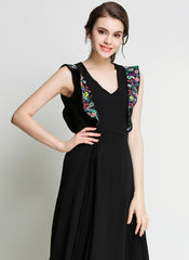 Naomi Floral Embroidered Plunging Neck Calf-length Dress