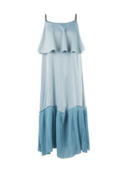 Strappy Relaxed Ruffle Pleated Midi Dress in Pastel Blue