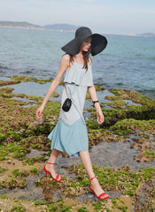 Strappy Relaxed Ruffle Pleated Midi Dress in Pastel Blue