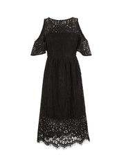 Crochet Black Cold Shoulder A-line Midi Dress