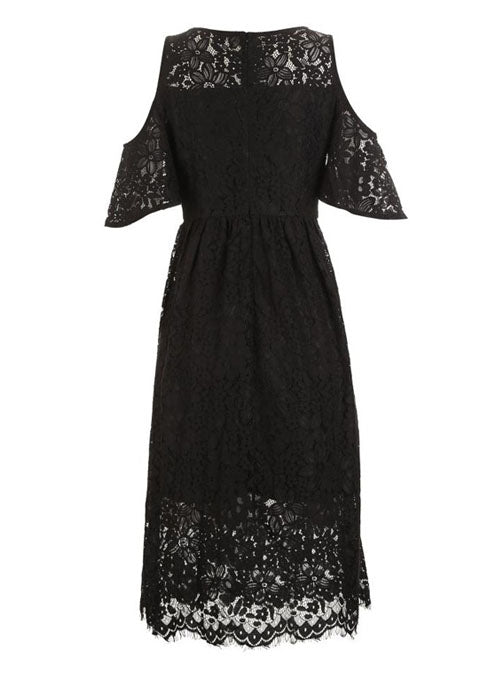 Crochet Black Cold Shoulder A-line Midi Dress