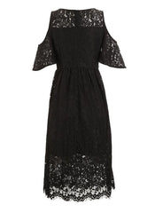 Crochet Black Cold Shoulder A-line Midi Dress