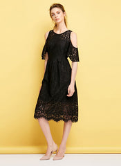 Crochet Black Cold Shoulder A-line Midi Dress