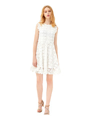 Designer White Sleeveless High Neck V-Back Crochet A Line Dress