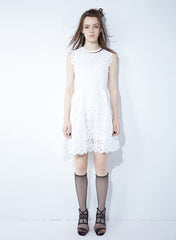 Designer White Sleeveless High Neck V-Back Crochet A Line Dress