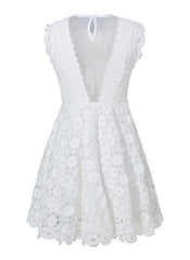 Designer White Sleeveless High Neck V-Back Crochet A Line Dress