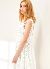 Designer White Sleeveless High Neck V-Back Crochet A Line Dress