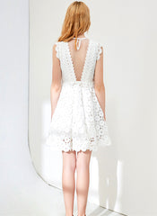 Designer White Sleeveless High Neck V-Back Crochet A Line Dress