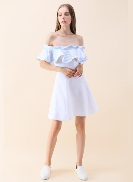 Two-tone Ruffle Off Shoulder Flare Dress