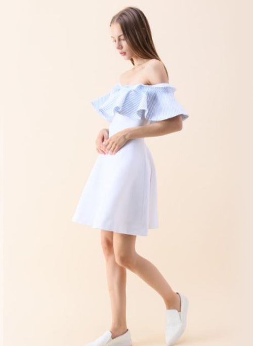 Two-tone Ruffle Off Shoulder Flared Party Dress