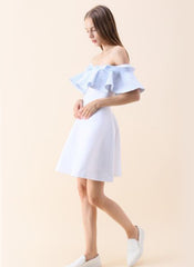 Two-tone Ruffle Off Shoulder Flare Dress