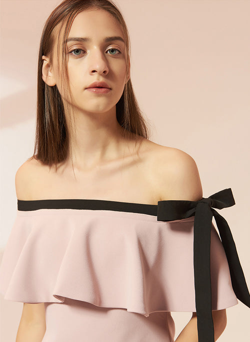 Off Shoulder Shift Dress with Tie Detail in Light Pink