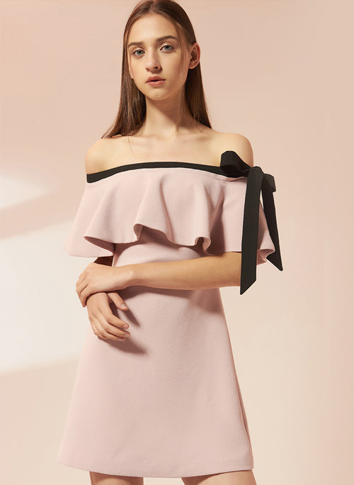 Off Shoulder Shift Dress with Tie Detail in Light Pink