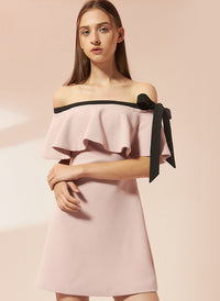 Off Shoulder Shift Dress with Tie Detail in Light Pink