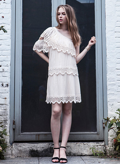 One Shoulder Pleated Embroidered Dress