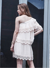 One Shoulder Pleated Embroidered Dress