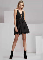 Rosie Cotton Crochet Backless Plunge Neck Party Dress in Black