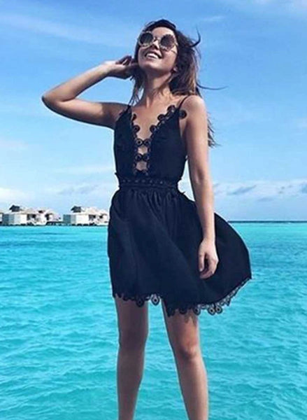 Rosie Cotton Crochet Backless Plunge Neck Party Dress in Black