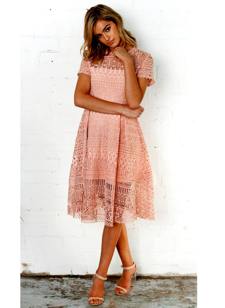 Short Sleeve Cotton Crochet Skater Dress in Rose Pink