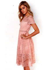 Short Sleeve Cotton Crochet Skater Dress in Rose Pink