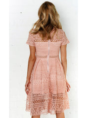 Short Sleeve Cotton Crochet Skater Dress in Rose Pink