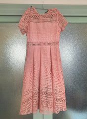 Short Sleeve Cotton Crochet Skater Dress in Rose Pink