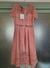 Short Sleeve Cotton Crochet Skater Dress in Rose Pink