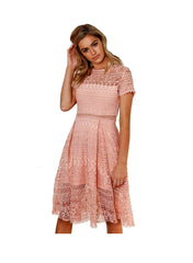 Short Sleeve Cotton Crochet Skater Dress in Rose Pink