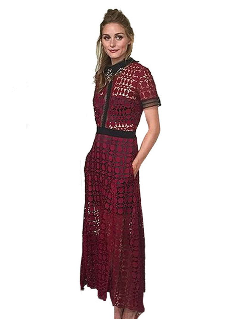 Olivia Crochet Scallop-Edged Midi Dress in Burgundy