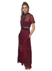 Olivia Crochet Scallop-Edged Midi Dress in Burgundy