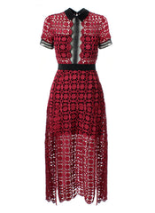 Olivia Crochet Scallop-Edged Midi Dress in Burgundy