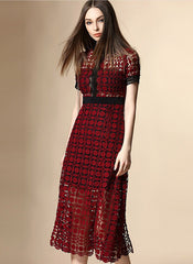 Olivia Crochet Scallop-Edged Midi Dress in Burgundy