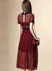 Olivia Crochet Scallop-Edged Midi Dress in Burgundy