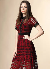 Olivia Crochet Scallop-Edged Midi Dress in Burgundy