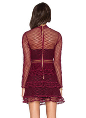 High Neck Tiered Lace Mini Party Dress in Burgundy