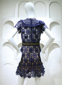 Floral Daisy Crochet Lace Mini Dress in Navy