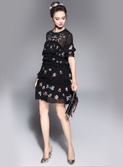Floral Embroidered Tiered Mesh Shift Dress