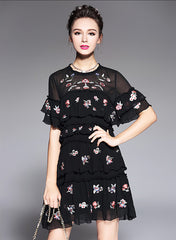 Floral Embroidered Tiered Mesh Shift Dress