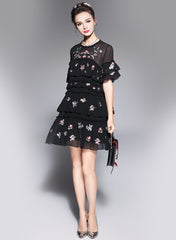 Floral Embroidered Tiered Mesh Shift Dress