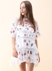 Floral Embroidered Tiered Mesh Shift Dress