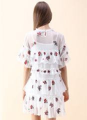 Floral Embroidered Tiered Mesh Shift Dress