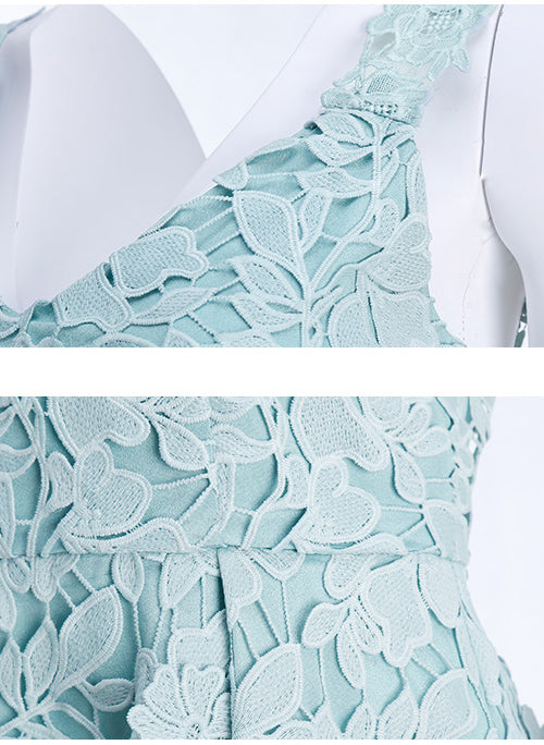 Floral Crochet Lace Plunge Midi Prom Dress