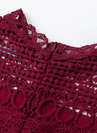 High Neck Crochet Lace Skater Dress - Burgundy