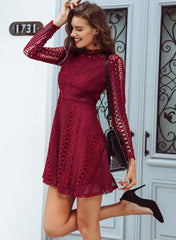 High Neck Crochet Lace Skater Dress - Burgundy