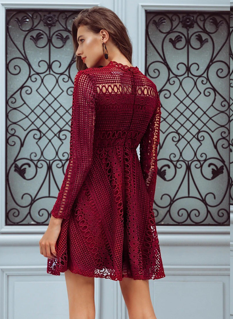 High Neck Crochet Lace Skater Dress - Burgundy
