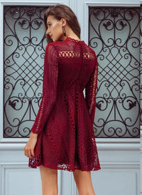 High Neck Crochet Lace Skater Dress - Burgundy