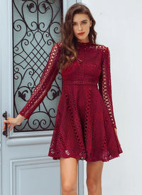 High Neck Crochet Lace Skater Dress - Burgundy