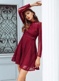 High Neck Crochet Lace Skater Dress - Burgundy