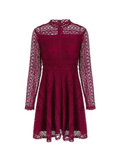 High Neck Crochet Lace Skater Dress - Burgundy