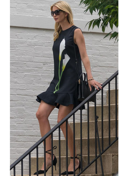 Ivanka Sleeveless Shift Dress with Ruffle Hem in Black